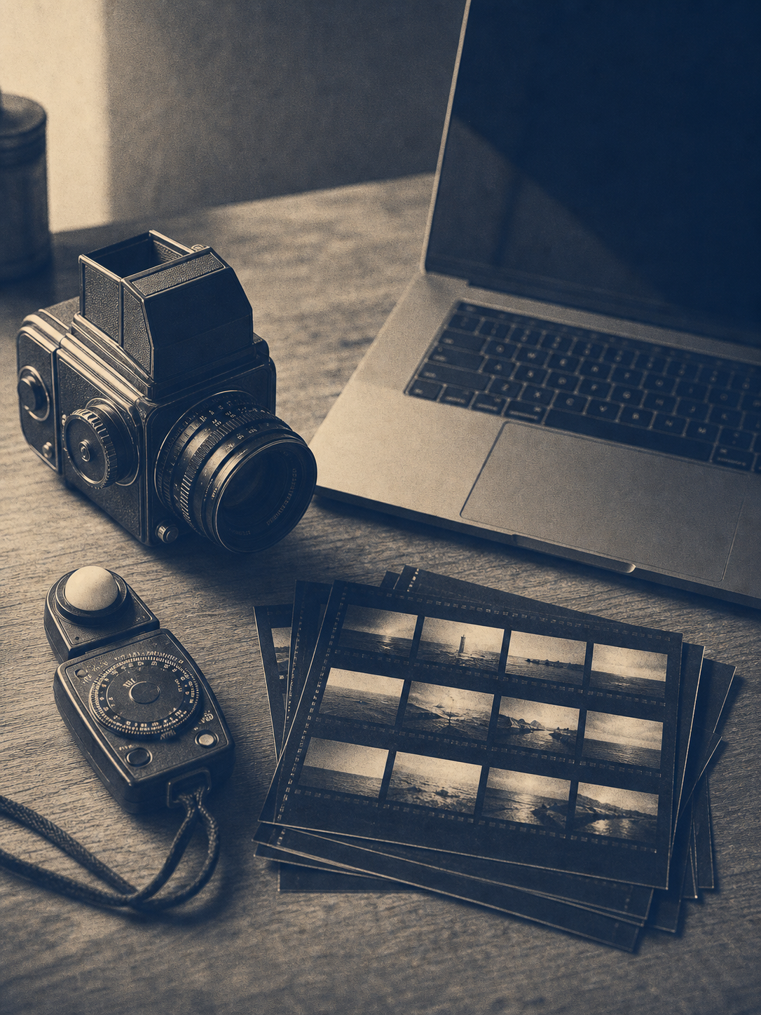 A medium-format film camera, a light meter, and photographic contact sheets beside a laptop — the founder's photography-to-software throughline.